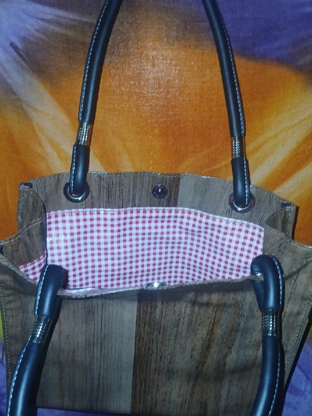 Fleebags Oil Cloth Faux-Wood Tote W/ Gingham Interior